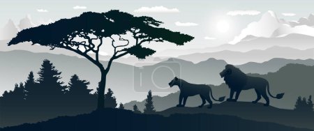 Lion family silhouettes, Vector illustration africa panorama landscape of forest with Lions family silhouettes on mountain hills background. Panoramic woodland pine forest in mountain range wallpaper.