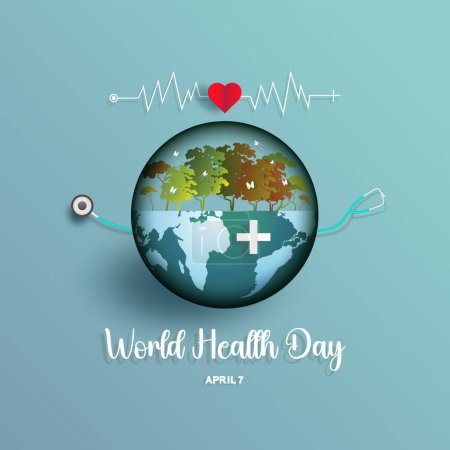 Health world day 2024, World Health Day is a global health awareness day celebrated, Vector illustration poster concept design with world map and stethoscope. Logo Icon Design Template.
