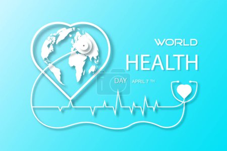 Health world day, Vector illustration sign symbol poster concept design on blue with world map in heart and stethoscope. World Health Day is a global health awareness day celebrated, Design Template.