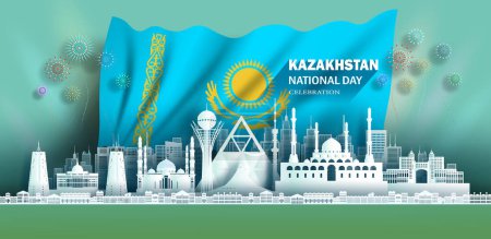 Illustration for Anniversary celebration independence Kazakhstan day and travel landmarks Astana city with flag background, Tour Kazakhstan landmark with panorama view popular capital in origami paper cut. - Royalty Free Image