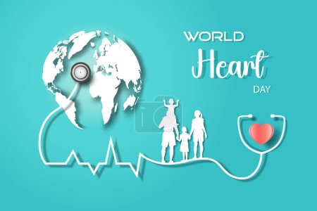 World Heart Day concept of Health world day, Vector illustration sign symbol poster concept design on turquoise with world map. World Heart Day global celebrated illustration and 3d paper art.