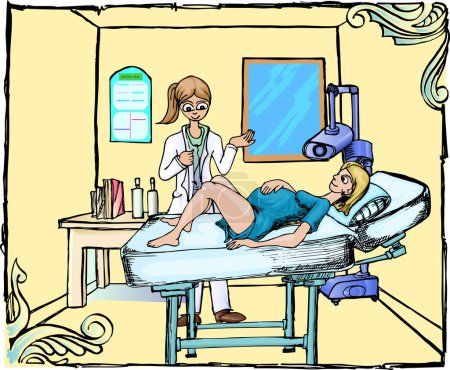 Téléchargez les photos : Médecin avec mère prenant dans la salle de pratique dessin à la main illustration vectorielle - en image libre de droit