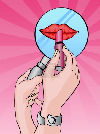 Téléchargez les photos : Femme main tenant rouge à lèvres sur les lèvres dessin à la main illustration vectorielle - en image libre de droit