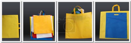 Téléchargez les photos : Collection de sacs à provisions avec des couleurs étonnantes. Groupe de sacs ECO Shopping pour le site web et les réseaux sociaux. Bannières Web pour la vente. Bannière d'en-tête de sac non tissé pour site Web. Utiliser ECO Bag. - en image libre de droit