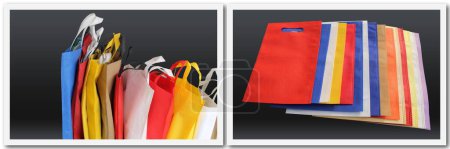 Téléchargez les photos : Collection de sacs à provisions avec des couleurs étonnantes. Groupe de sacs ECO Shopping pour le site web et les réseaux sociaux. Bannières Web pour la vente. Bannière d'en-tête de sac non tissé pour site Web. Utiliser ECO Bag. - en image libre de droit