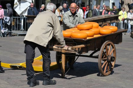 Photo for Alkmaar, Holland - April 22, 2022: Unidentified people at demonstration of how this merchants market operated in times gone at traditional Cheese Market in Alkmaar, Holland - Royalty Free Image