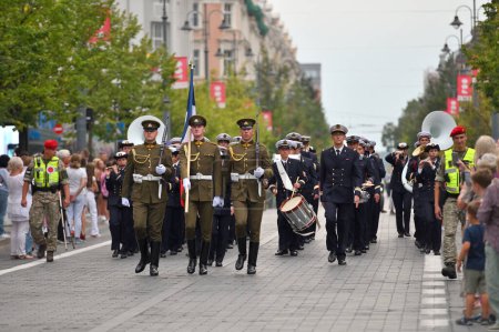 Photo for Vilnius, Lithuania - August 26, 2023: Armed forces bands festival, parade at city street in Vilnius, Lithuania. - Royalty Free Image