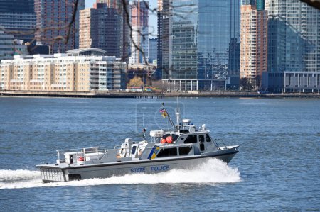 Photo for New York City - February 18, 2023: New York City Police Department boat patrolling in the Hudson River in New York City, United States. - Royalty Free Image