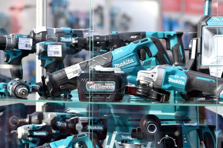Photo for Kaunas, Lithuania - March 21: Professional electric Makita brand tools for sale in Kaunas on March 21, 2024. - Royalty Free Image