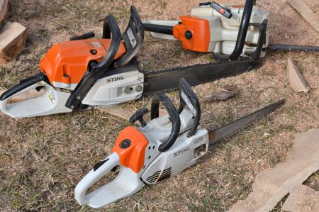 Photo for Kaunas, Lithuania - March 21: Stihl chainsaws in Kaunas on March 21, 2024. Stihl is a German manufacturer of chainsaws and other handheld power equipment - Royalty Free Image