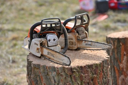 Photo for Kaunas, Lithuania - March 21: Stihl chainsaw in Kaunas on March 21, 2024. Stihl is a German manufacturer of chainsaws and other handheld power equipment - Royalty Free Image