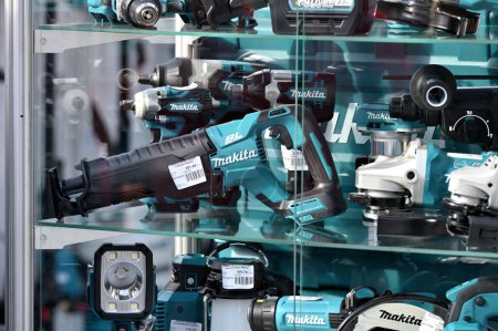 Photo for Kaunas, Lithuania - March 21: Professional electric Makita brand tools for sale in Kaunas on March 21, 2024. - Royalty Free Image