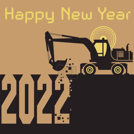 Ilustración de Tarjeta de felicitación Feliz Año Nuevo - Excavadora excavadora en el trabajo vector ilustración - Imagen libre de derechos