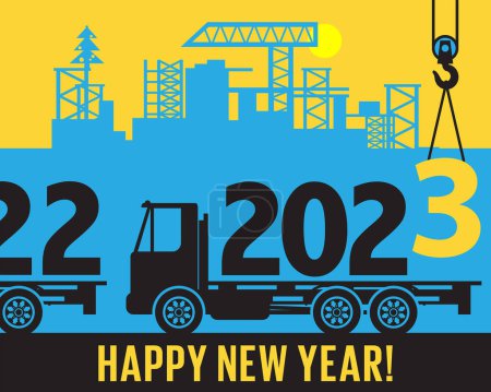 Grúa carga año nuevo 2023 en camión, texto feliz año nuevo, ilustración de vectores