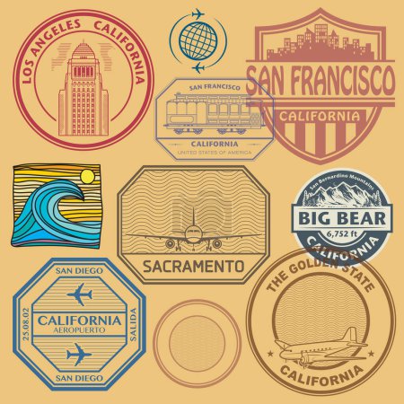 Ilustración de Sellos o emblemas abstractos con el nombre de California, ilustración vectorial - Imagen libre de derechos