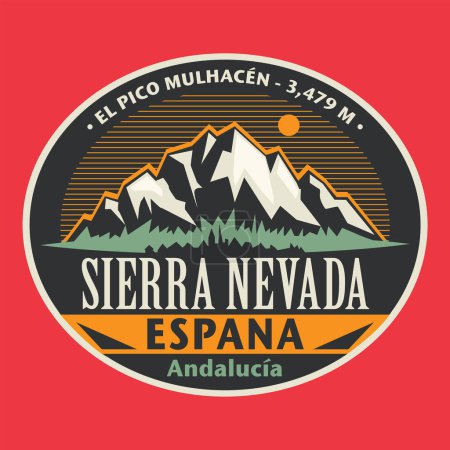 Ilustración de Sello o emblema abstracto con Sierra Nevada, nombre de España, ilustración vectorial - Imagen libre de derechos