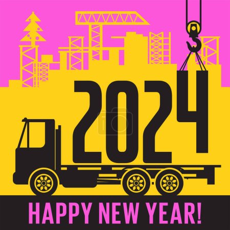 Ilustración de Grúa carga año nuevo 2024 en camión, texto feliz año nuevo, ilustración de vectores - Imagen libre de derechos
