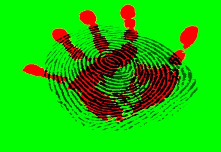 Photo for Red bloody hand print underneath a large black fingerprint on a bright green background. - Royalty Free Image