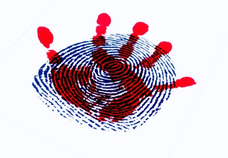 Photo for Red bloody hand print under a large black fingerprint on a white background. - Royalty Free Image