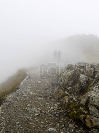 Photo for Two silhouettes of adventure seekers in the foggy day on rocky hiking trail in the mountains - Royalty Free Image