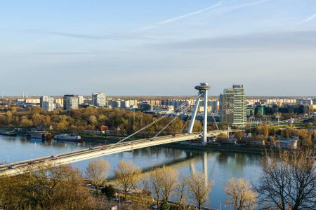 SNP New Bridge through Danube with a steel deck suspended from a single pylon in Bratislava, Slovakia