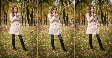 Photo for Young girl in coat in forest. Fashion woman in coat in park. Slim young fashion model wearing white coat outdoor. Beautiful woman in leopard coat with umbrella in the autumn park - Royalty Free Image