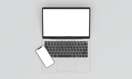 Photo for 3D Rendering Laptop and Phone Mockup Top View - Royalty Free Image