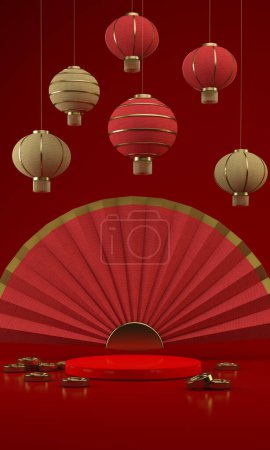Foto de Chinese New Year Vertical Scene. Podium Display decoration with red paper hand fan  and lanterns background. 3d Rendering - Imagen libre de derechos