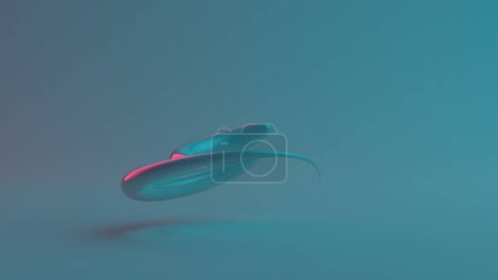 Foto de Elegante representación 3D gotas con bordes de neón en una espiral abstracta contra un fondo azul sereno - Imagen libre de derechos