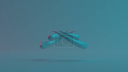 Foto de Elegante representación 3D gotas con bordes de neón en una espiral abstracta contra un fondo azul sereno - Imagen libre de derechos