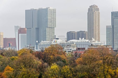 Téléchargez les photos : Rotterdam, Pays-Bas, 29 novembre 2022 : vue à travers le parc aux couleurs automnales vers la jetée Wilhelmina avec un grand bateau de croisière - en image libre de droit