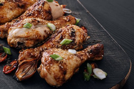 Téléchargez les photos : Baked chicken drumsticks with sesame, honey and soy sauce, onion and spices - en image libre de droit