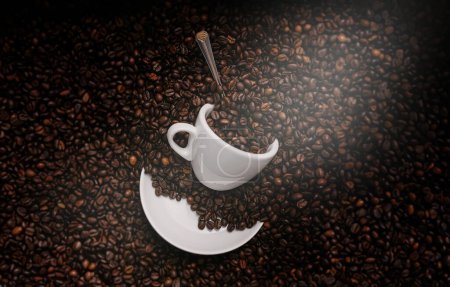 Foto de Una taza de café blanco entre granos de café tostados - Imagen libre de derechos