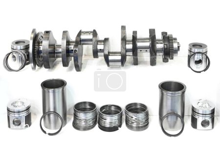 Car crankshaft, camshaft, cylinder liner, valve block and engine pistons isolated white background
