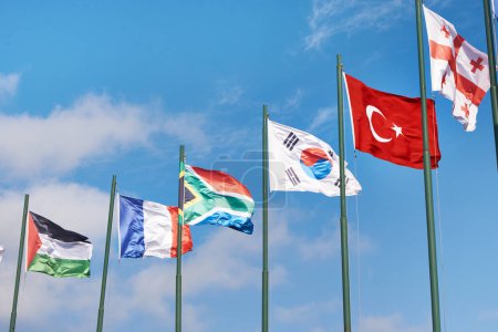 Turkey, Georgia, South Korea, France, Palestine, South Africa flags on blue sky