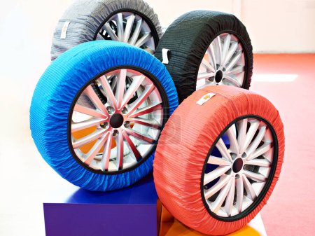 Car wheel covers on display in the store