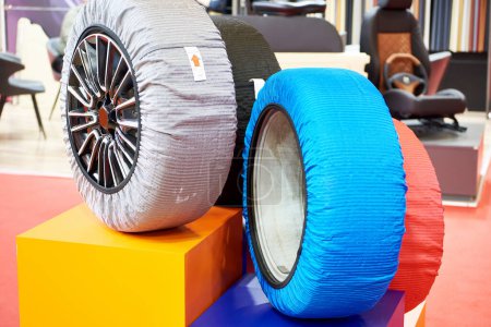 Car wheel covers on display in the store