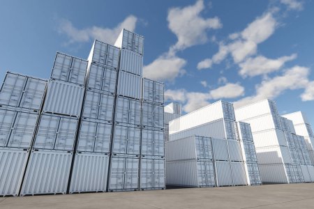 A lot of white containers on a specialized site on a clear sunny day against the sky. Warehouse of stacked cargo standard containers for temporary storage, loading, unloading and sorting at a container station.