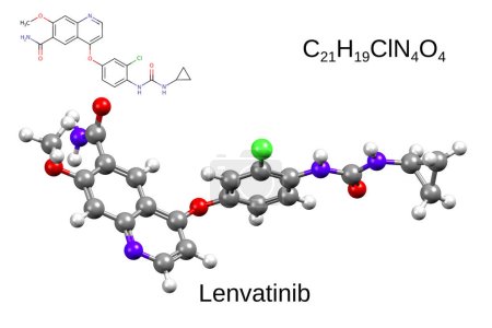 Fórmula química, fórmula esquelética y modelo 3D de bola y palo de un fármaco quimioterapéutico lenvatinib, fondo blanco