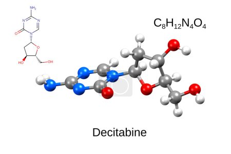 Photo for Chemical formula, skeletal formula, and 3D ball-and-stick model of hypomethylation agent decitabine, white background - Royalty Free Image