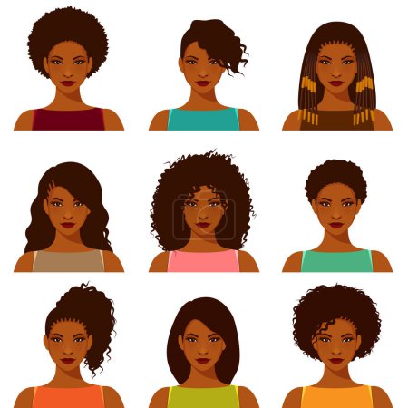 Téléchargez les illustrations : Belle femme afro-américaine avec différentes coiffures. Portrait d'une jeune femme noire aux cheveux naturels afro ou lissés, adapté comme avatar ou pour les sujets de soins capillaires. Isolé sur blanc. - en licence libre de droit