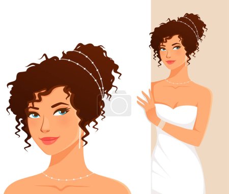 Illustration for Beautiful young woman wearing white wedding dress and diamond jewels. Attractive young bride with elegant updo. - Royalty Free Image