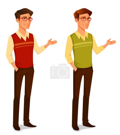 Illustration for Cartoon illustration of a young man in hipster fashion, wearing glasses and gesturing - Royalty Free Image