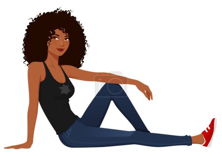 Ilustración de Young African American woman in jeans, sitting and smiling - Imagen libre de derechos