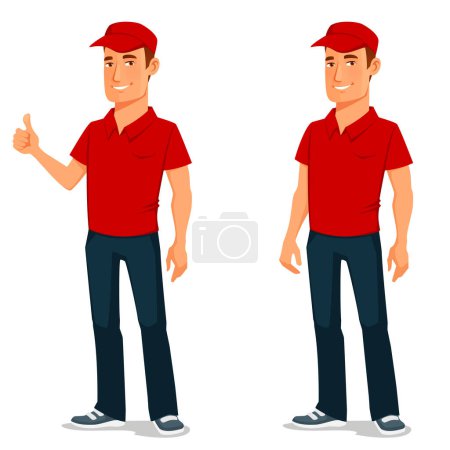 Téléchargez les illustrations : Handsome young man wearing a red t-shirt and cap, smiling and giving thumbs up. Worker in company uniform, ready to assist customers. - en licence libre de droit