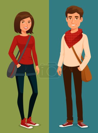 Cartoon-Illustration von jungen lächelnden Menschen in lässiger Kleidung. Schöne Mädchen und gutaussehende Kerle, Studenten oder ein junges Paar in Straßenmode.