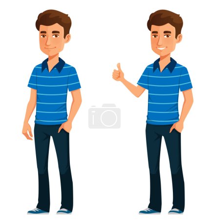 Téléchargez les illustrations : Friendly young man or student wearing jeans, smiling and giving thumbs up. Cartoon character. Isolated on white. - en licence libre de droit