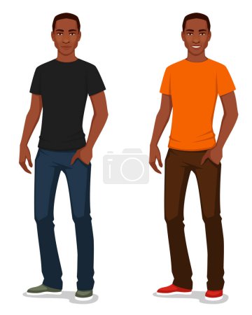 Téléchargez les illustrations : Handsome African American man in casual clothes. Smiling young black man wearing jeans and t-shirt. Isolated on white. - en licence libre de droit