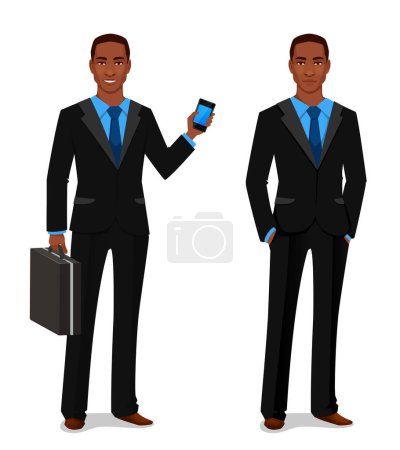 Illustration for Smiling African American businessman in elegant suit, holding a briefcase and a cell phone. Handsome black man in business suit. Isolated on white. - Royalty Free Image