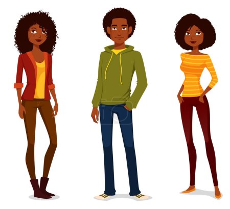 Illustration for Cute cartoon illustration of young African American people in casual street fashion, teenagers or students. Young women and man in jeans. Isolated on white. - Royalty Free Image